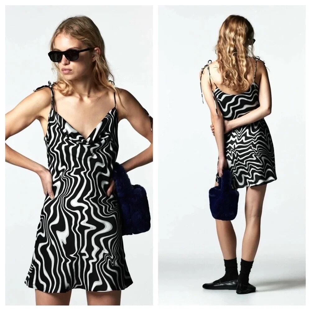 Zara Safia Slip Dress S Black Gray Swirly Abstract Cowl Neck Tie Shoulder Mini